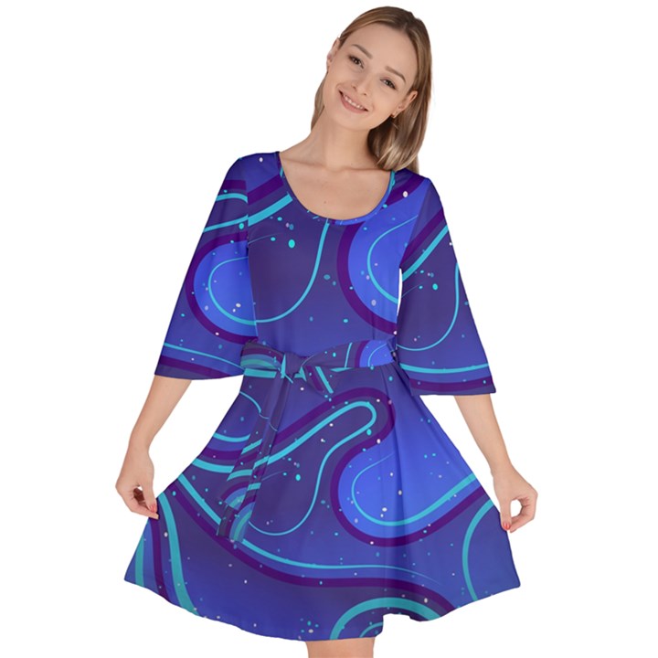 Spiral Shape Blue Abstract Velour Kimono Dress