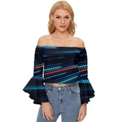 Orange Blue Dot Dots Lines Abstract Digital Art Off Shoulder Flutter Bell Sleeve Top by uniart180623