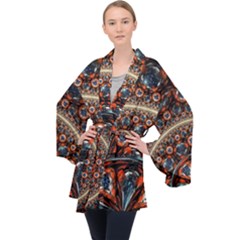 Fractal Floral Ornaments Rings 3d Sphere Floral Pattern Neon Art Long Sleeve Velvet Kimono 