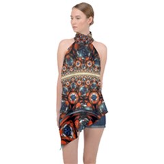 Fractal Floral Ornaments Rings 3d Sphere Floral Pattern Neon Art Halter Asymmetric Satin Top