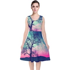 Tree Abstract Field Galaxy Night Nature V-neck Midi Sleeveless Dress 