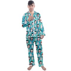 Blue Penguin Pattern Christmas Men s Long Sleeve Satin Pajamas Set