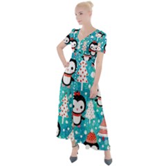 Blue Penguin Pattern Christmas Button Up Short Sleeve Maxi Dress