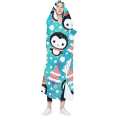 Blue Penguin Pattern Christmas Wearable Blanket