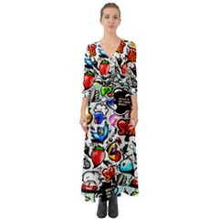 Graffiti Art Cartoon Comic Button Up Boho Maxi Dress