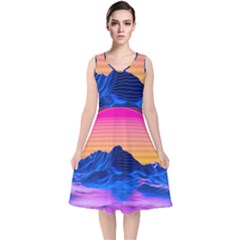 Sun Ultra Artistic 3d Illustration Sunset V-neck Midi Sleeveless Dress 