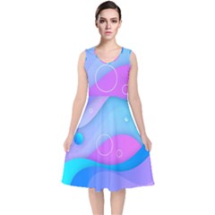 Colorful Blue Purple Wave V-neck Midi Sleeveless Dress 