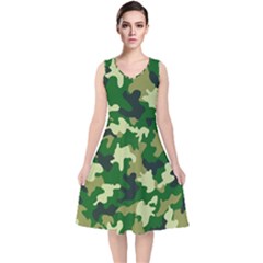 Green Military Background Camouflage V-neck Midi Sleeveless Dress 