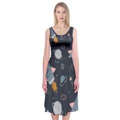 Space Background Illustration With Stars And Rocket Seamless Vector Pattern Midi Sleeveless Dress