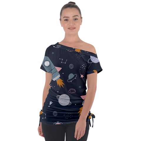 Space Background Illustration With Stars And Rocket Seamless Vector Pattern Off Shoulder Tie-up Tee by uniart180623