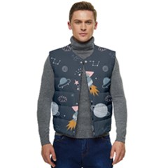 Space Background Illustration With Stars And Rocket Seamless Vector Pattern Men s Button Up Puffer Vest	