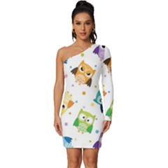 Owl Bird Long Sleeve One Shoulder Mini Dress by uniart180623