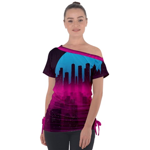 Futuristic Cityscape Off Shoulder Tie-up Tee by uniart180623