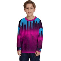 Futuristic Cityscape Kids  Crewneck Sweatshirt by uniart180623