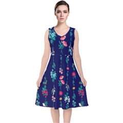 Flowers Pattern Bouquets Colorful V-neck Midi Sleeveless Dress 