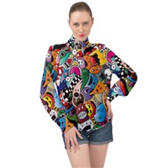 Cartoon Explosion Cartoon Characters Funny High Neck Long Sleeve Chiffon Top by uniart180623