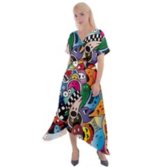 Cartoon Explosion Cartoon Characters Funny Cross Front Sharkbite Hem Maxi Dress by uniart180623