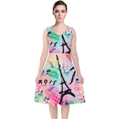 From Paris Abstract Art Pattern V-neck Midi Sleeveless Dress 