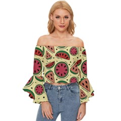 Watermelon Pattern Slices Fruit Off Shoulder Flutter Bell Sleeve Top by uniart180623