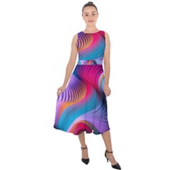 Colorful 3d Waves Creative Wave Waves Wavy Background Texture Midi Tie-back Chiffon Dress