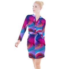 Colorful 3d Waves Creative Wave Waves Wavy Background Texture Button Long Sleeve Dress by uniart180623