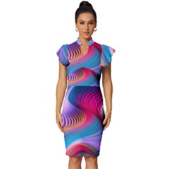 Colorful 3d Waves Creative Wave Waves Wavy Background Texture Vintage Frill Sleeve V-neck Bodycon Dress by uniart180623
