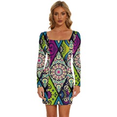 Ethnic Pattern Abstract Long Sleeve Square Neck Bodycon Velvet Dress by uniart180623