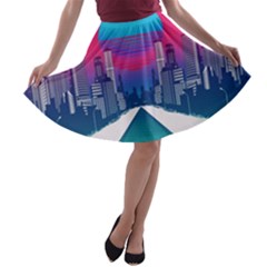 Retro Cityscape Artist Artwork Digital Art A-line Skater Skirt by uniart180623