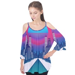 Retro Cityscape Artist Artwork Digital Art Flutter Sleeve Tee 