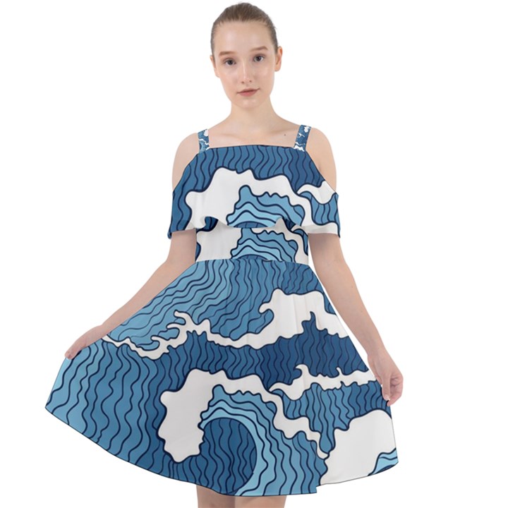 Waves Aesthetics Illustration Japanese Cut Out Shoulders Chiffon Dress