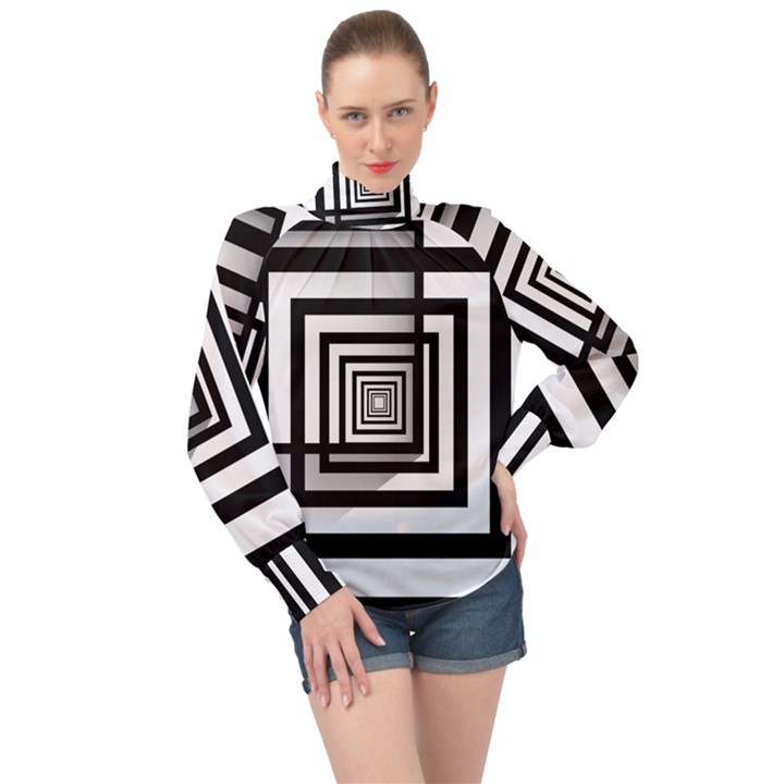 Squares Concept Design Raining High Neck Long Sleeve Chiffon Top