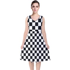 Black White Checker Pattern Checkerboard V-neck Midi Sleeveless Dress 