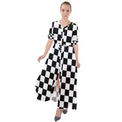 Black White Checker Pattern Checkerboard Waist Tie Boho Maxi Dress