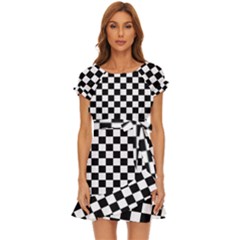 Black White Checker Pattern Checkerboard Puff Sleeve Frill Dress by uniart180623