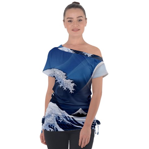 The Great Wave Off Kanagawa Off Shoulder Tie-up Tee by Grandong