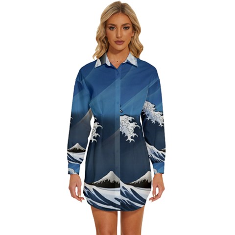 The Great Wave Off Kanagawa Womens Long Sleeve Shirt Dress by Grandong