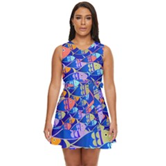 Sea Fish Illustrations Waist Tie Tier Mini Chiffon Dress