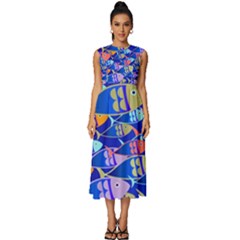 Sea Fish Illustrations Sleeveless Round Neck Midi Dress