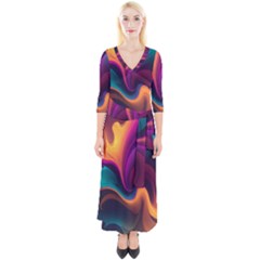 Abstract Colorful Waves Painting Quarter Sleeve Wrap Maxi Dress by Simbadda