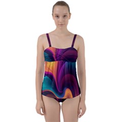 Abstract Colorful Waves Painting Twist Front Tankini Set by Simbadda