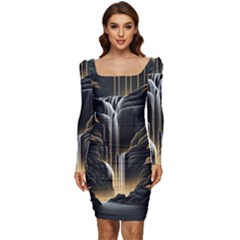 Waterfall Water Nature Springs Women Long Sleeve Ruched Stretch Jersey Dress by Simbadda