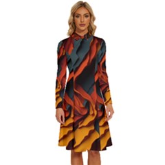 Abstract Colorful Waves Painting Art Long Sleeve Shirt Collar A-line Dress by Simbadda