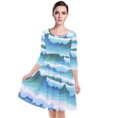 Ocean Sea Waves Beach Quarter Sleeve Waist Band Dress