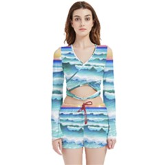 Ocean Sea Waves Beach Velvet Wrap Crop Top and Shorts Set