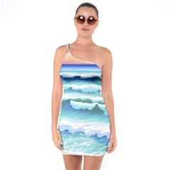 Ocean Sea Waves Beach One Shoulder Ring Trim Bodycon Dress