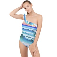 Ocean Sea Waves Beach Frilly One Shoulder Swimsuit