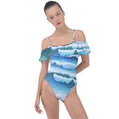 Ocean Sea Waves Beach Frill Detail One Piece Swimsuit