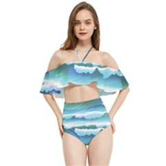 Ocean Sea Waves Beach Halter Flowy Bikini Set 