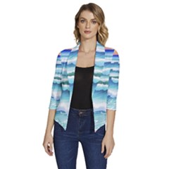 Ocean Sea Waves Beach Women s Draped Front 3/4 Sleeve Shawl Collar Jacket