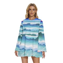 Ocean Sea Waves Beach Round Neck Long Sleeve Bohemian Style Chiffon Mini Dress